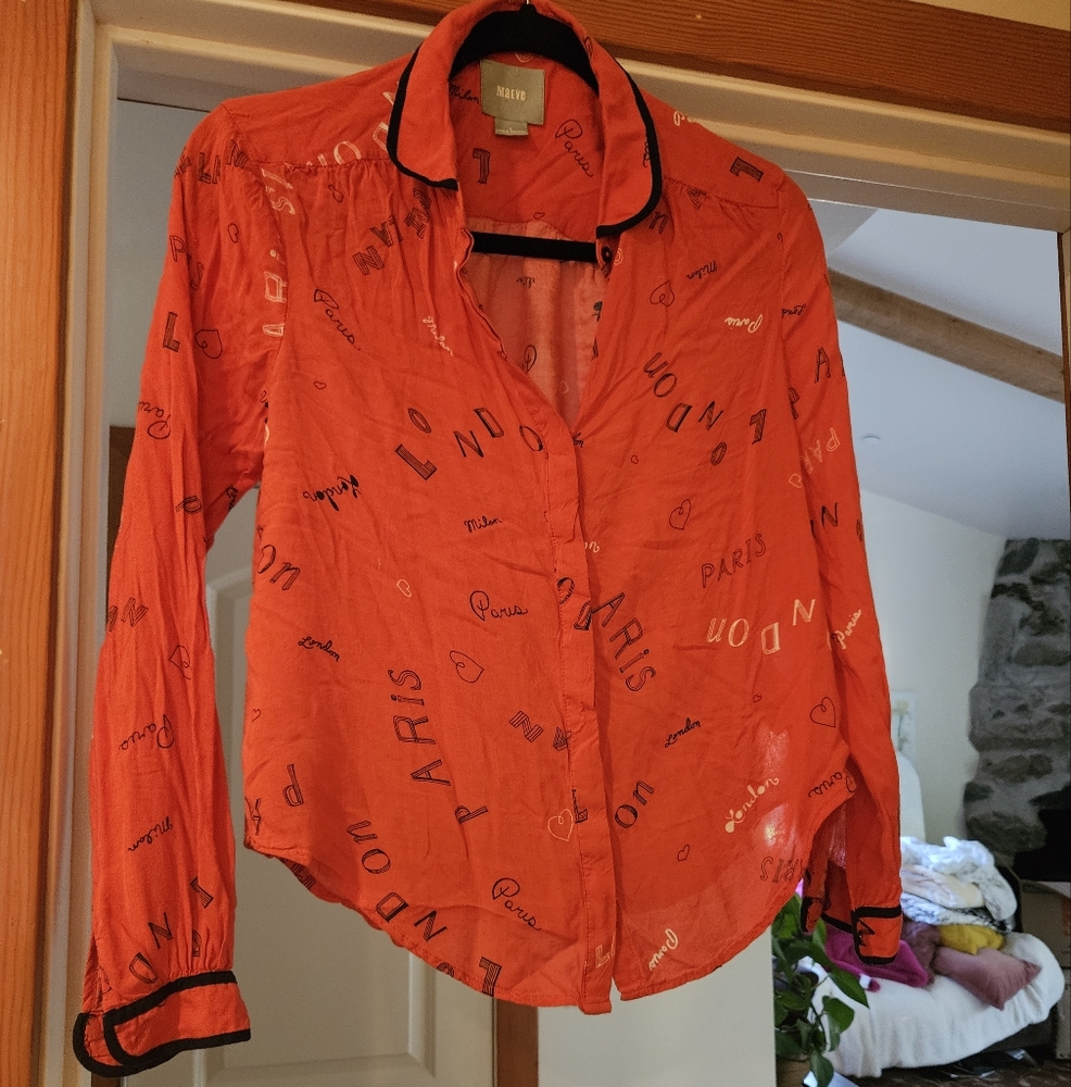 Maeve Orange Button Down Shirt with Black Accents - Picture 1 of 5